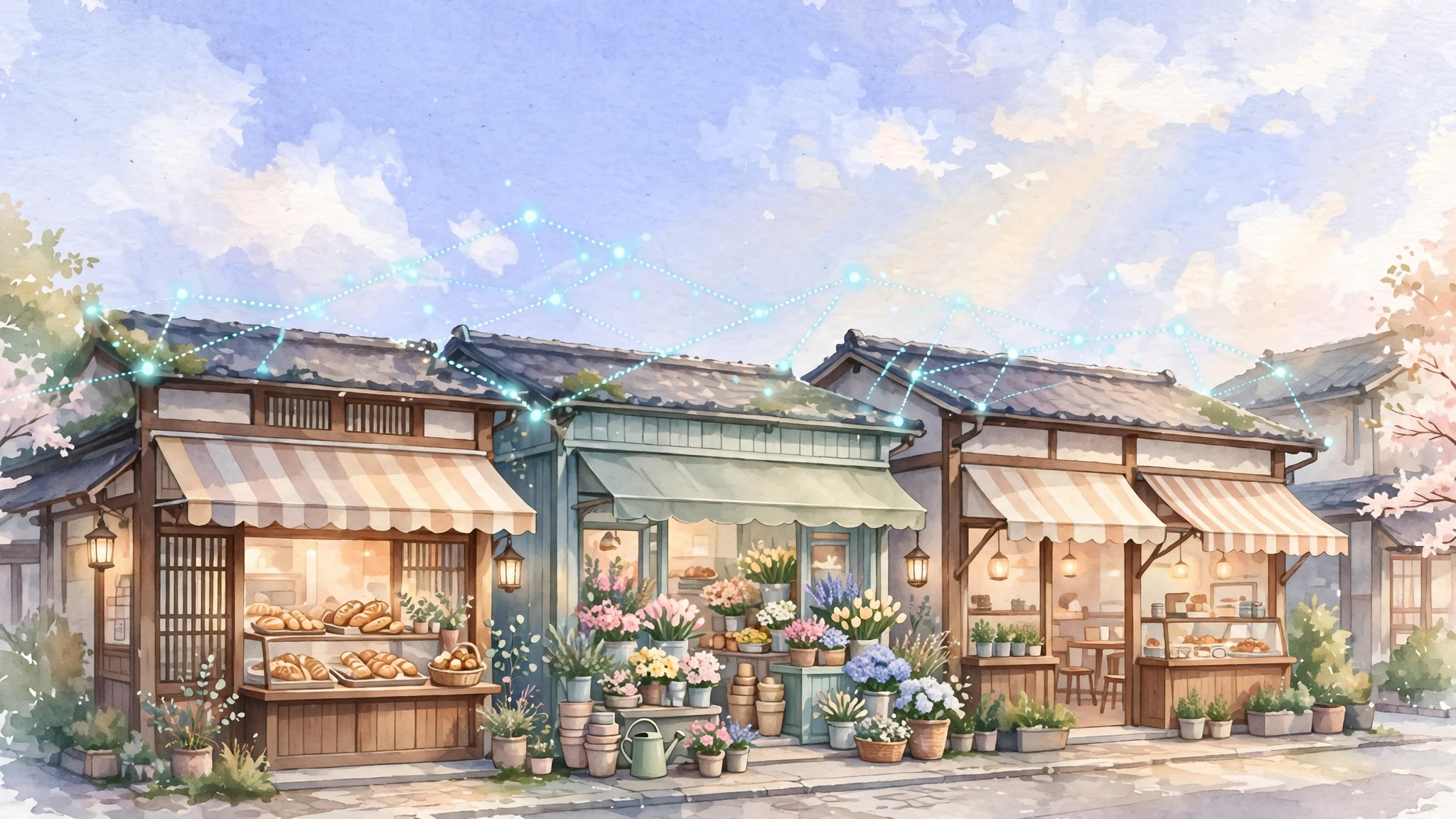 淡い青空の下にパン屋・花屋・カフェが並ぶ、地域の商店街の水彩イラスト
