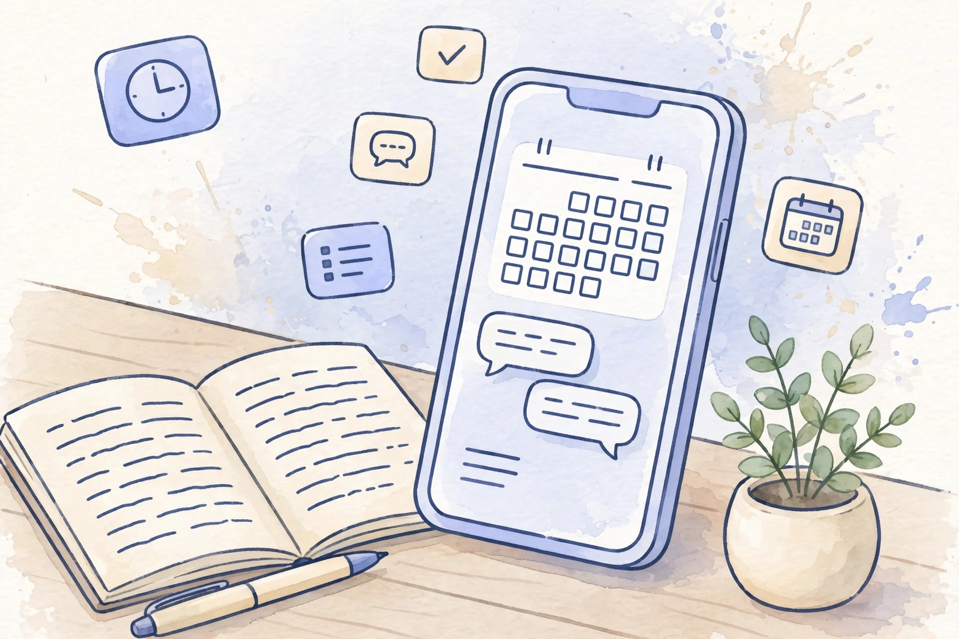 予約カレンダーとチャットが表示されたスマートフォンと手帳の水彩イラスト