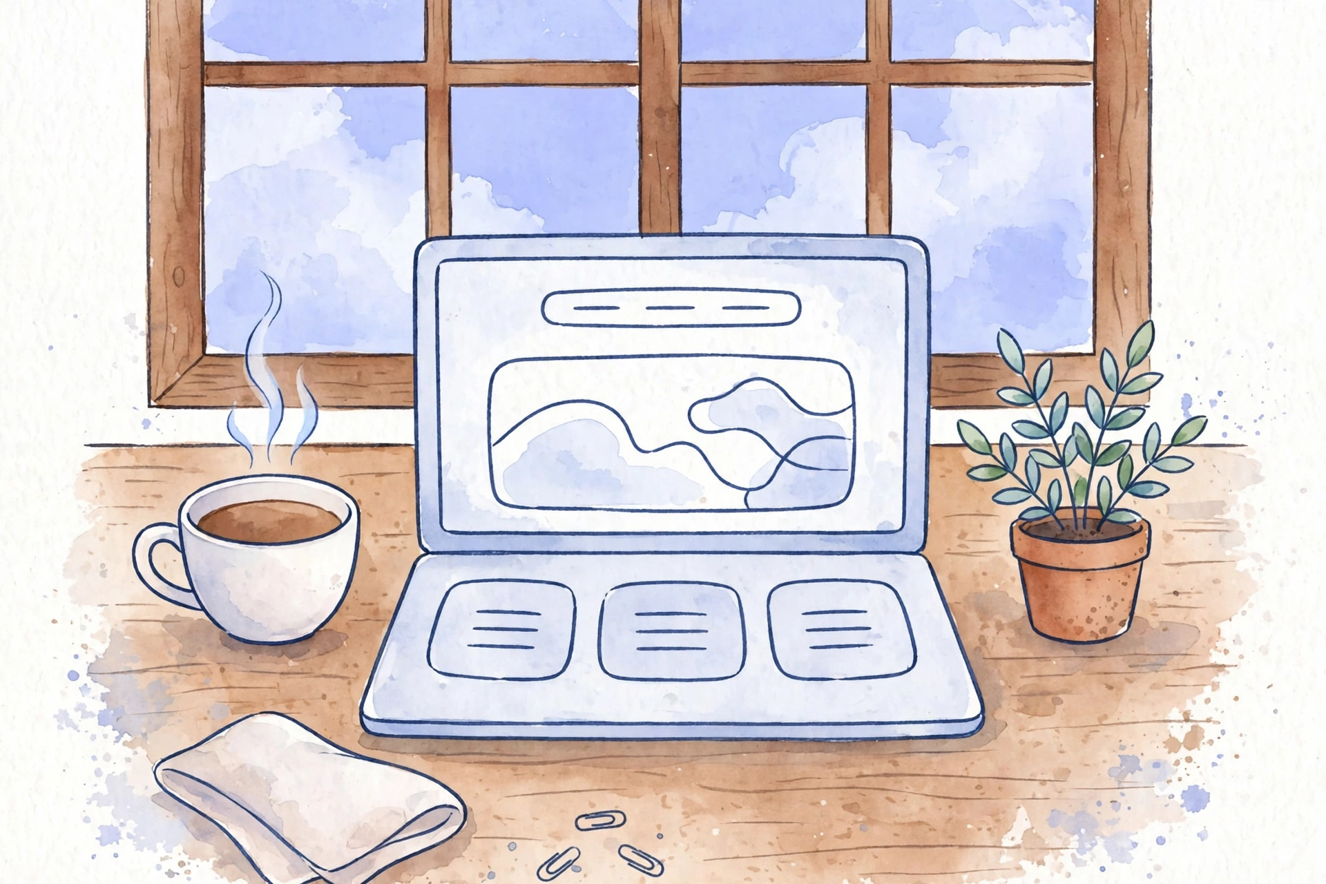 窓辺のデスクでホームページを表示したノートパソコンの水彩イラスト